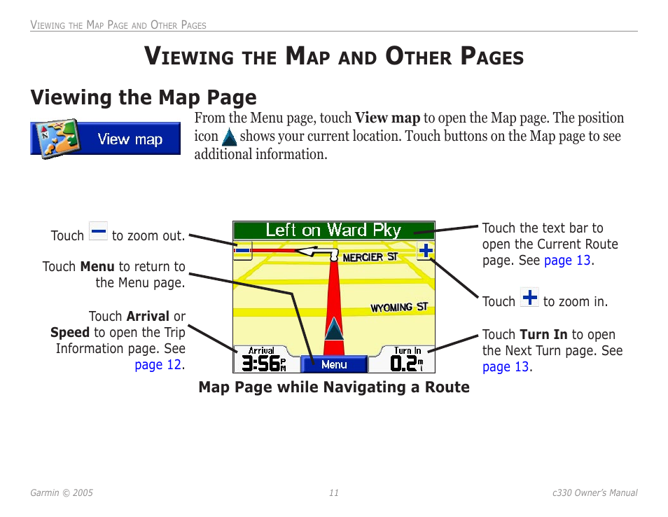 Viewing the map, Viewing the map page, Iewing | Ther, Ages | Garmin StreetPilot c330 User Manual | Page 15 / 37