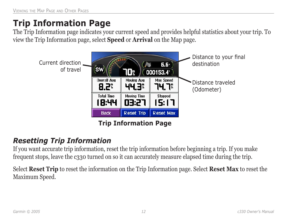 Trip information page, Resetting trip information | Garmin StreetPilot c330 User Manual | Page 16 / 37