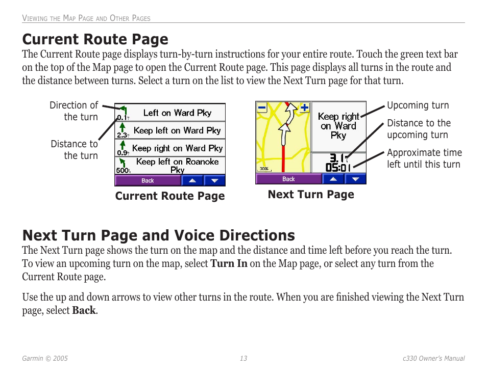 And voice directions, Current route page, Next turn page and voice directions | Next turn page | Garmin StreetPilot c330 User Manual | Page 17 / 37