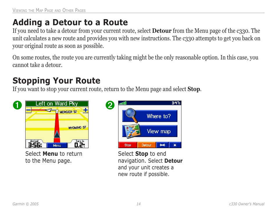 Adding a detour to a route, Stopping your route, Adding a detour to a route stopping your route | Garmin StreetPilot c330 User Manual | Page 18 / 37