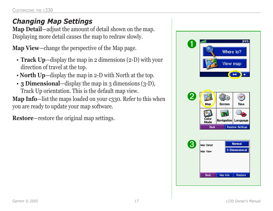 Changing map settings | Garmin StreetPilot c330 User Manual | Page 21 / 37