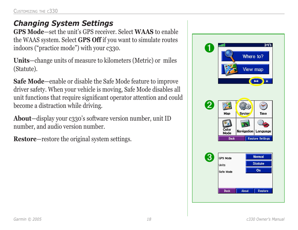 Changing system settings | Garmin StreetPilot c330 User Manual | Page 22 / 37