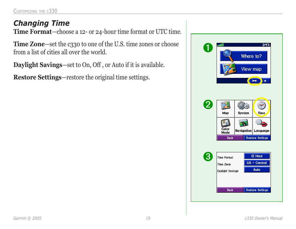 Changing time | Garmin StreetPilot c330 User Manual | Page 23 / 37