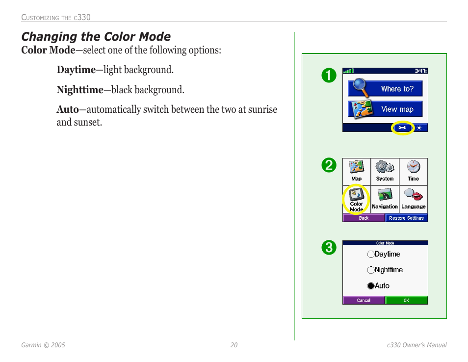 Changing the color mode | Garmin StreetPilot c330 User Manual | Page 24 / 37