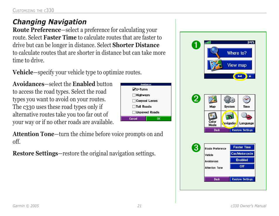 Changing navigation | Garmin StreetPilot c330 User Manual | Page 25 / 37