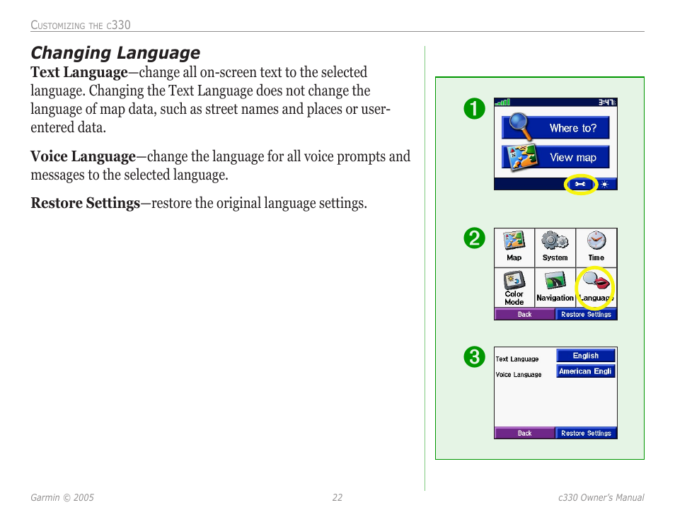 Changing language | Garmin StreetPilot c330 User Manual | Page 26 / 37