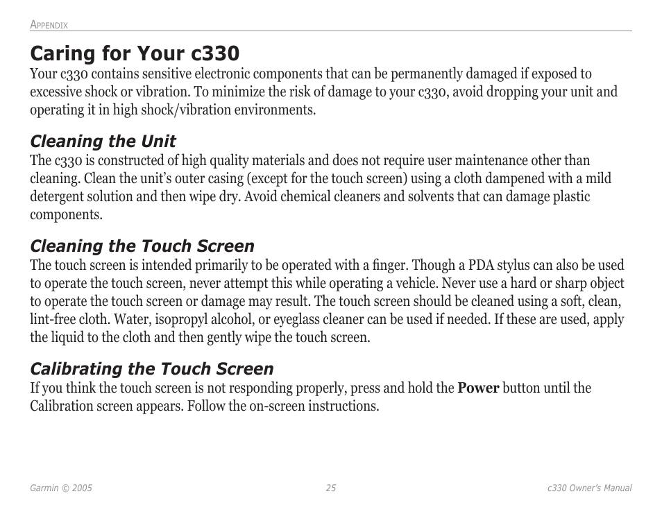 Caring for your c330, Cleaning the unit, Cleaning the touch screen | Calibrating the touch screen | Garmin StreetPilot c330 User Manual | Page 29 / 37