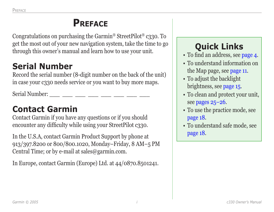 Preface, Serial number, Contact garmin | Quick links, Reface | Garmin StreetPilot c330 User Manual | Page 3 / 37