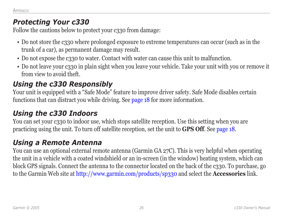 Protecting your c330, Using the c330 responsibly, Using the c330 indoors | Using a remote antenna | Garmin StreetPilot c330 User Manual | Page 30 / 37