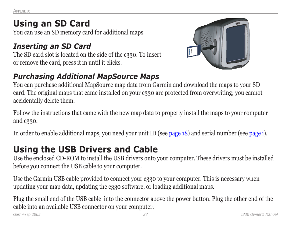 Using an sd card, Using the usb drivers and cable, Using an sd card using the usb drivers | And cable, Inserting an sd card, Purchasing additional mapsource maps | Garmin StreetPilot c330 User Manual | Page 31 / 37