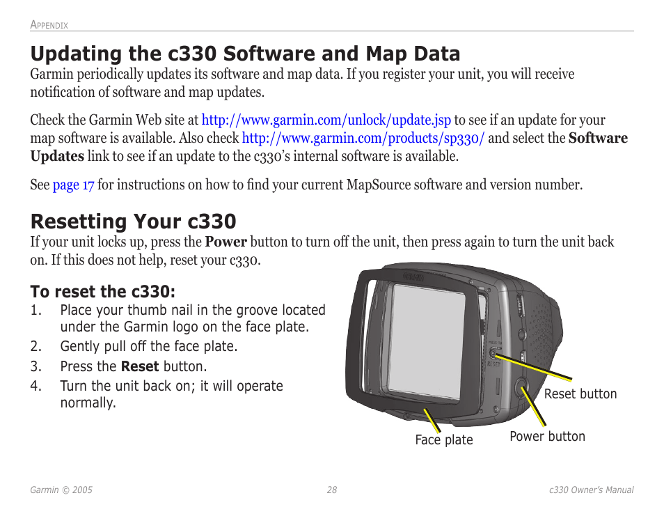 Updating the c330 software and map data, Resetting your c330, Updating the c330 software | And map data | Garmin StreetPilot c330 User Manual | Page 32 / 37