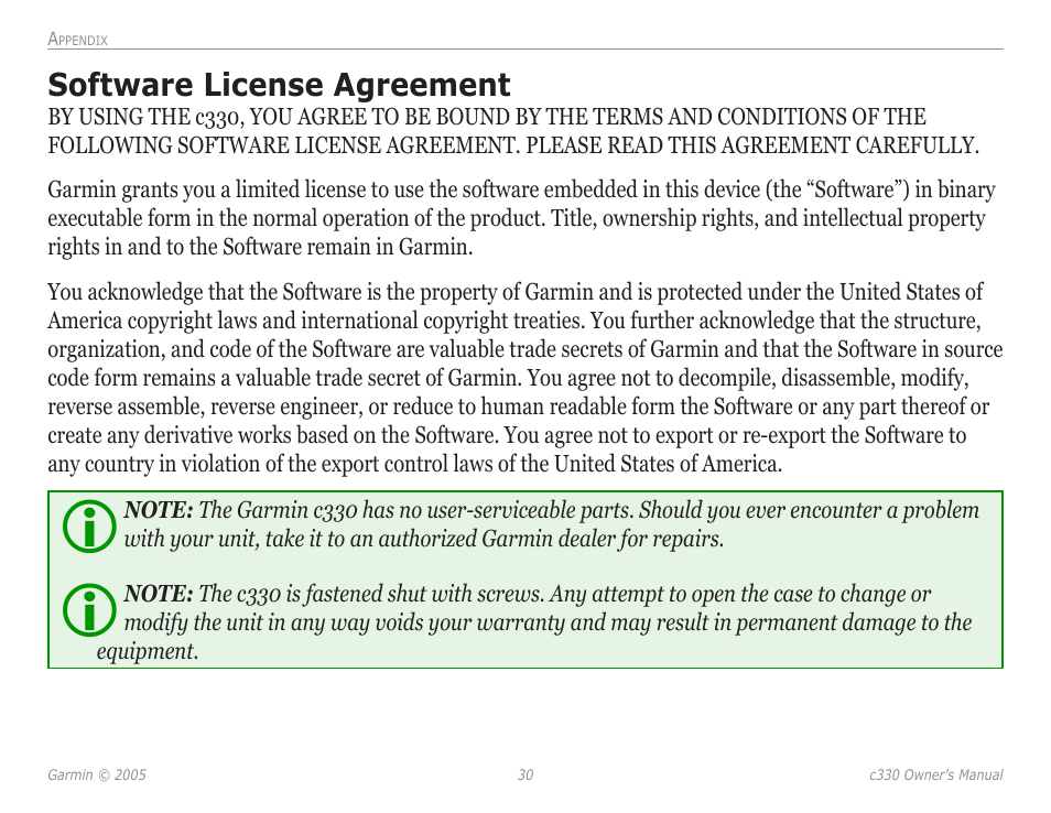 Software license agreement, Software license agreement 30 | Garmin StreetPilot c330 User Manual | Page 34 / 37