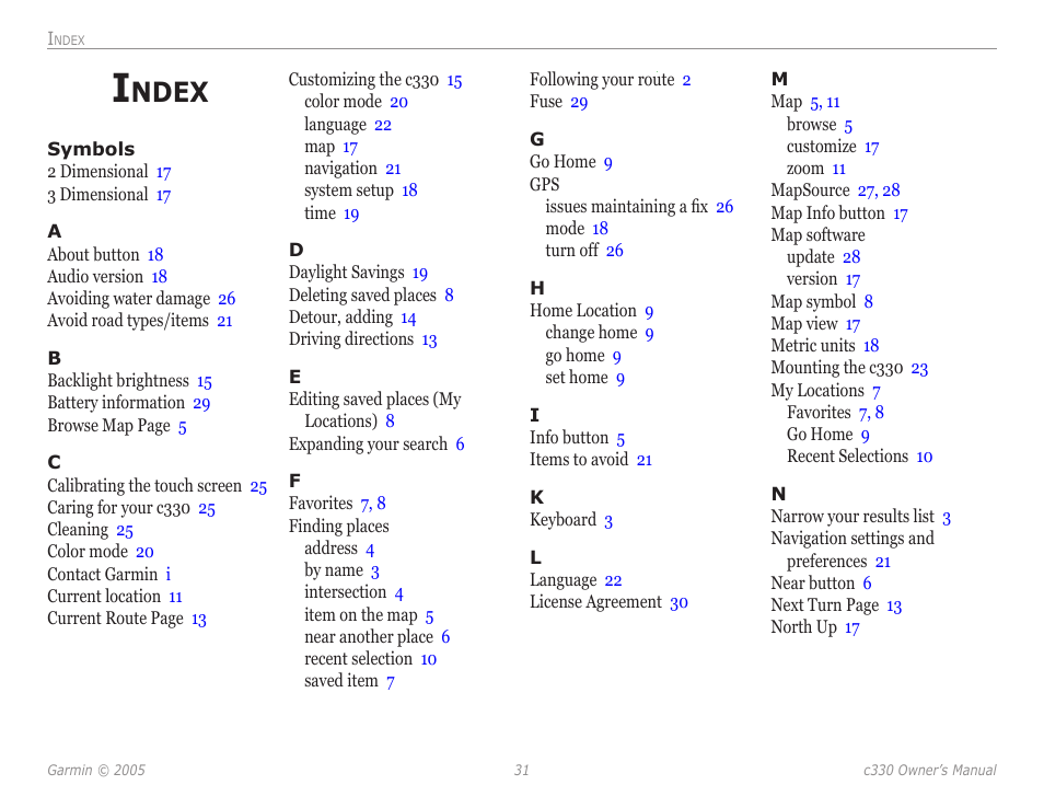 Index, Ndex | Garmin StreetPilot c330 User Manual | Page 35 / 37