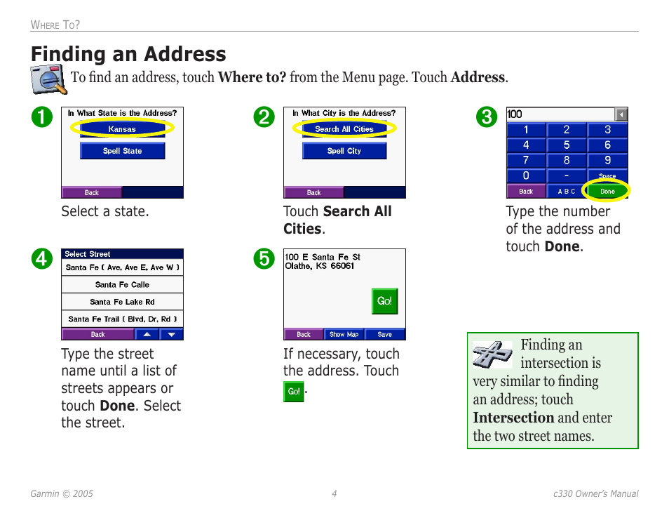 Finding an address | Garmin StreetPilot c330 User Manual | Page 8 / 37