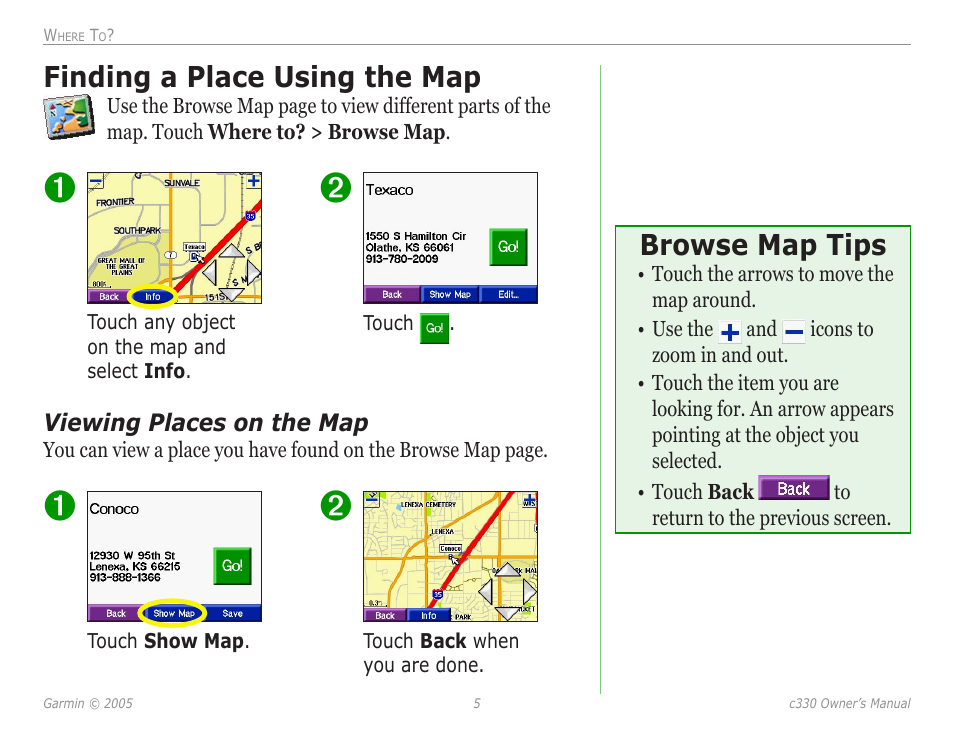 Finding a place using the map, Browse map tips, Finding a place using the map 5 browse map tips | Garmin StreetPilot c330 User Manual | Page 9 / 37