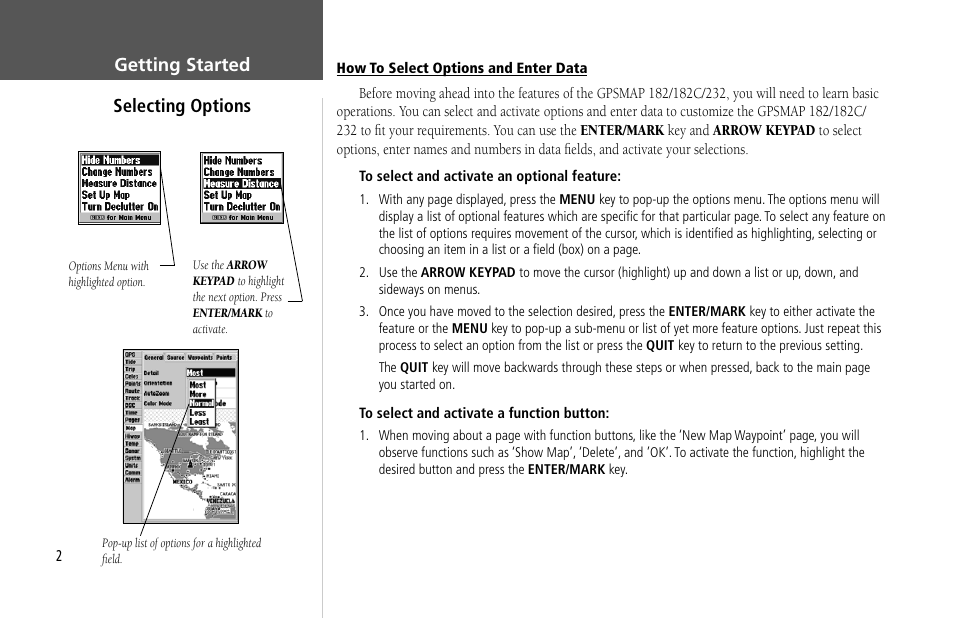 Getting started selecting options | Garmin GPSMAP 232 User Manual | Page 12 / 104