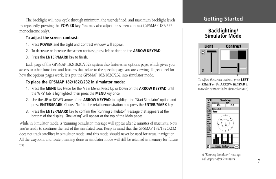 Getting started backlighting/ simulator mode | Garmin GPSMAP 232 User Manual | Page 17 / 104