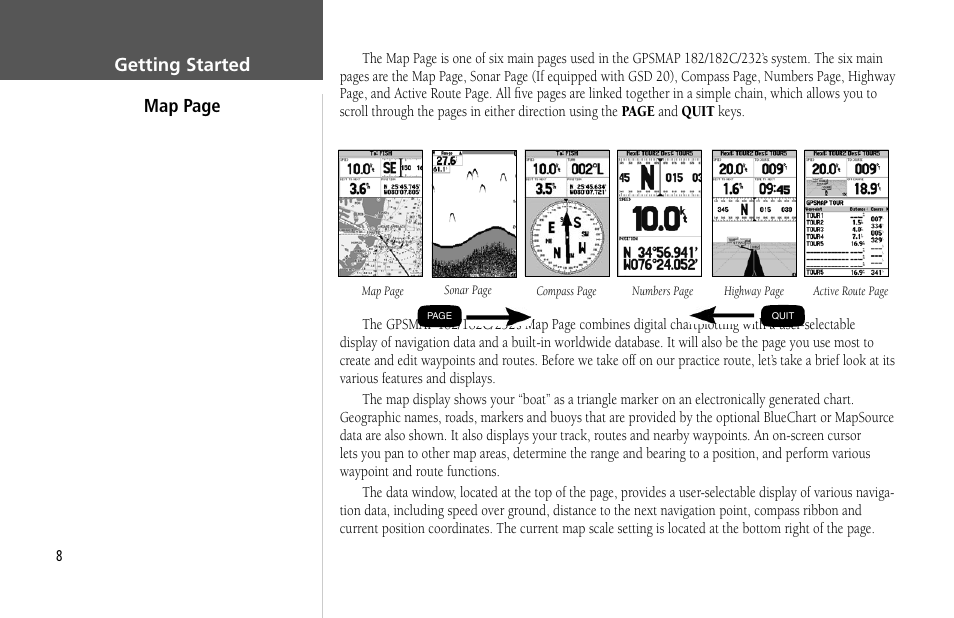 Getting started map page | Garmin GPSMAP 232 User Manual | Page 18 / 104