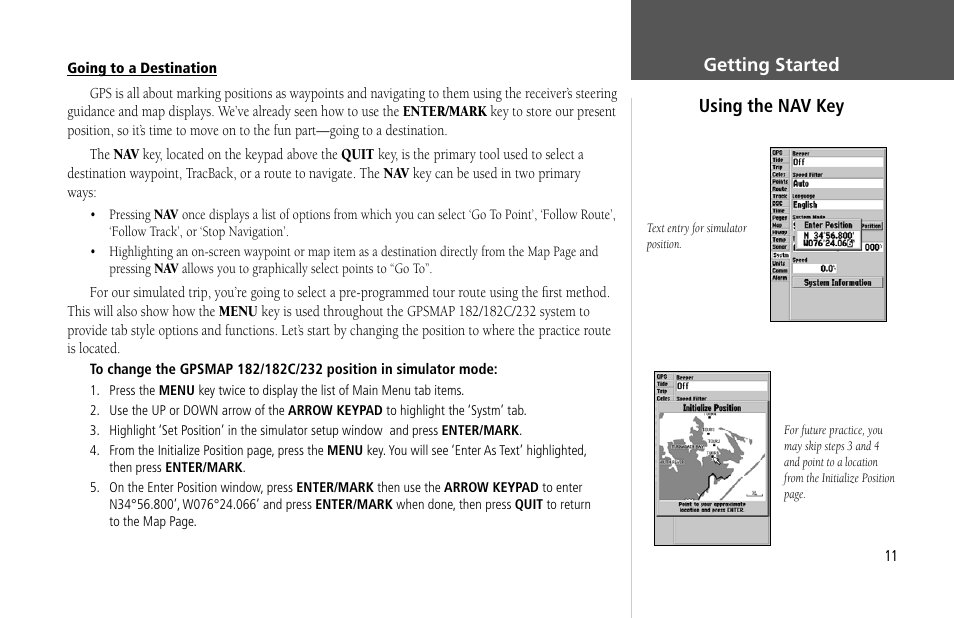 Getting started using the nav key | Garmin GPSMAP 232 User Manual | Page 21 / 104