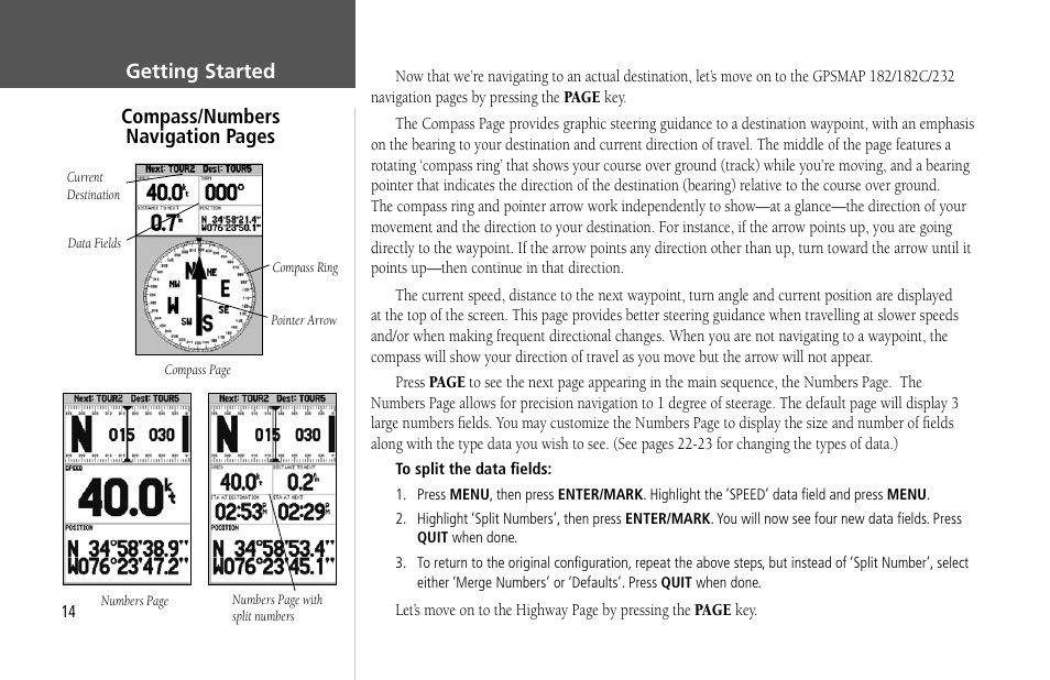 Getting started compass/numbers navigation pages | Garmin GPSMAP 232 User Manual | Page 24 / 104