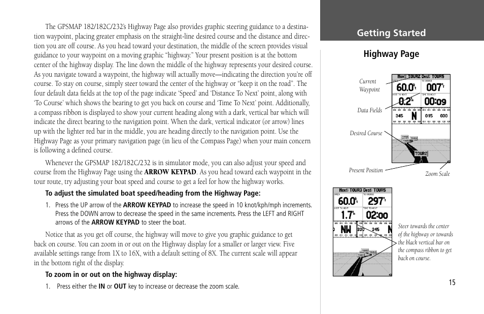 Getting started highway page | Garmin GPSMAP 232 User Manual | Page 25 / 104