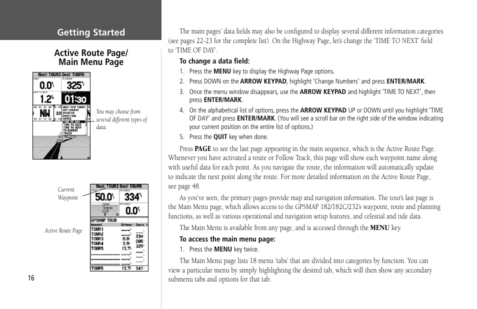 Getting started active route page/ main menu page | Garmin GPSMAP 232 User Manual | Page 26 / 104