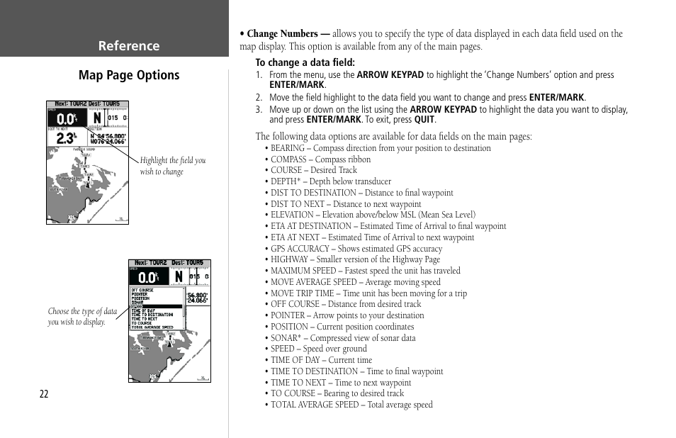 Reference map page options | Garmin GPSMAP 232 User Manual | Page 32 / 104