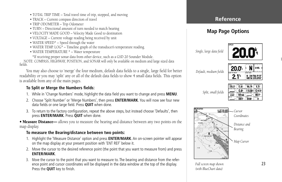 Map page options reference | Garmin GPSMAP 232 User Manual | Page 33 / 104