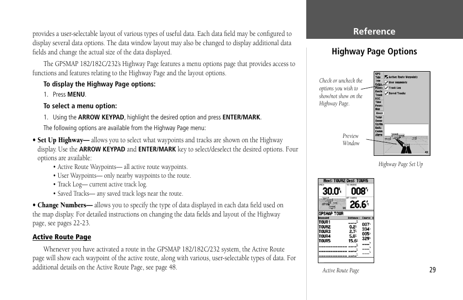 Reference highway page options | Garmin GPSMAP 232 User Manual | Page 39 / 104