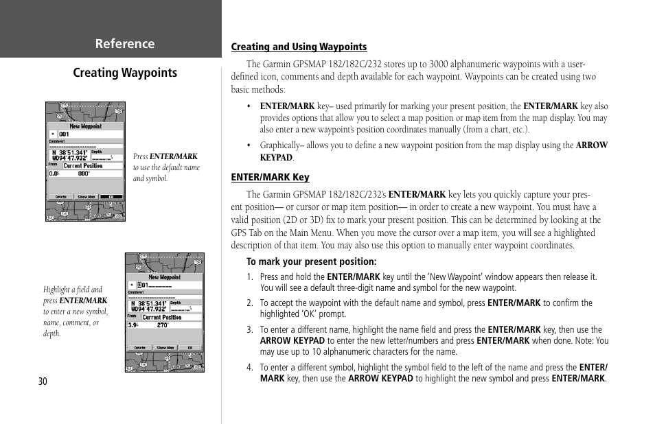 Reference creating waypoints | Garmin GPSMAP 232 User Manual | Page 40 / 104