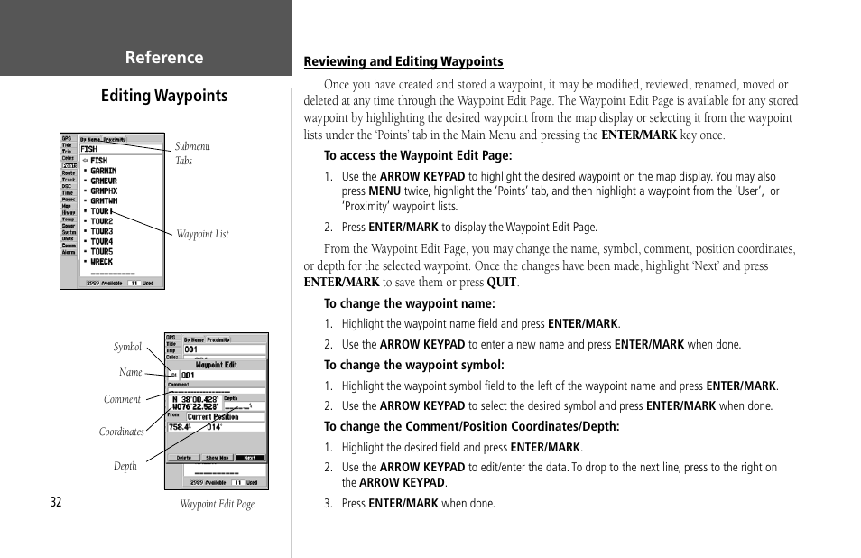 Reference editing waypoints | Garmin GPSMAP 232 User Manual | Page 42 / 104