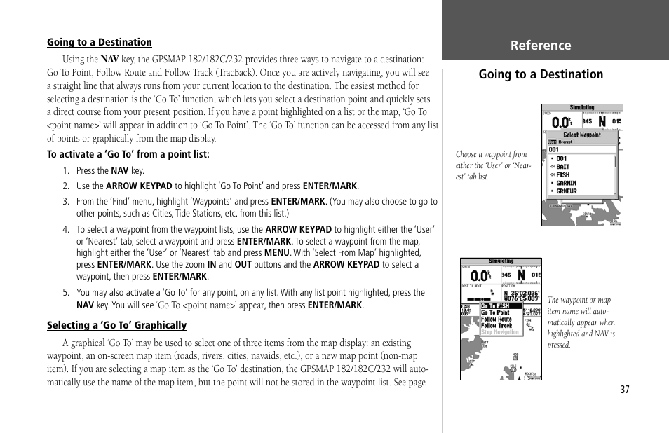 Reference going to a destination | Garmin GPSMAP 232 User Manual | Page 47 / 104