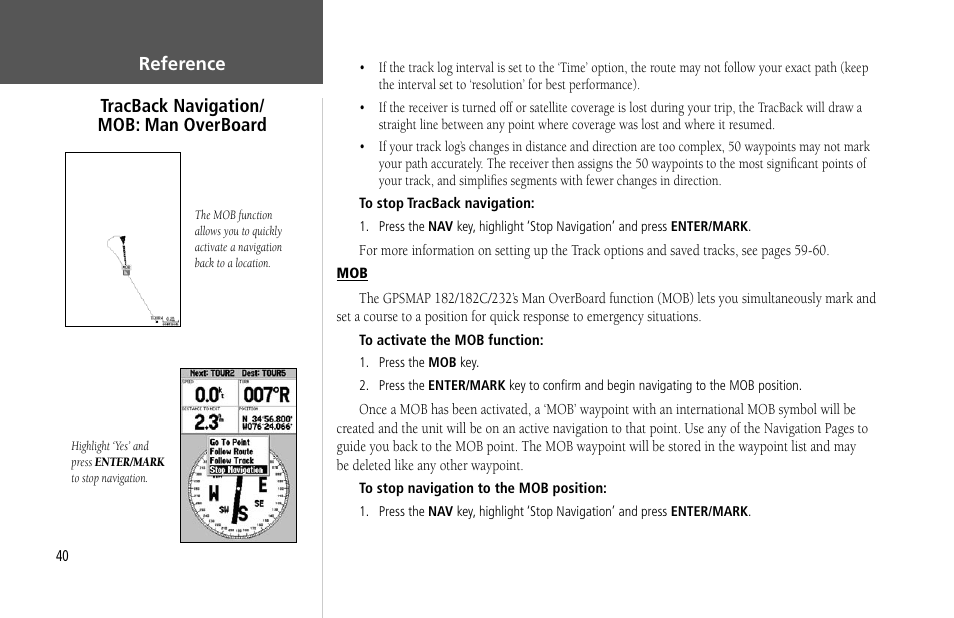 Reference tracback navigation/ mob: man overboard | Garmin GPSMAP 232 User Manual | Page 50 / 104