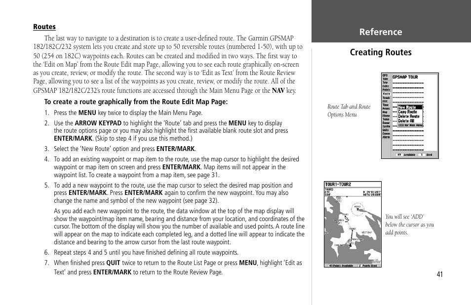 Reference creating routes | Garmin GPSMAP 232 User Manual | Page 51 / 104