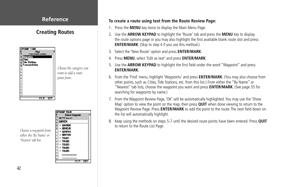 Reference creating routes | Garmin GPSMAP 232 User Manual | Page 52 / 104