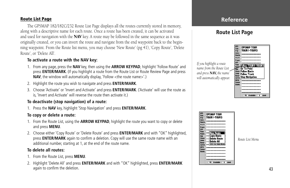 Reference route list page | Garmin GPSMAP 232 User Manual | Page 53 / 104