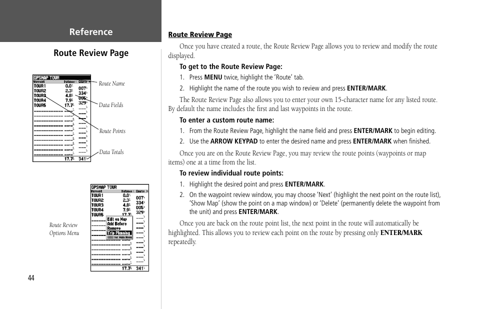 Reference route review page | Garmin GPSMAP 232 User Manual | Page 54 / 104