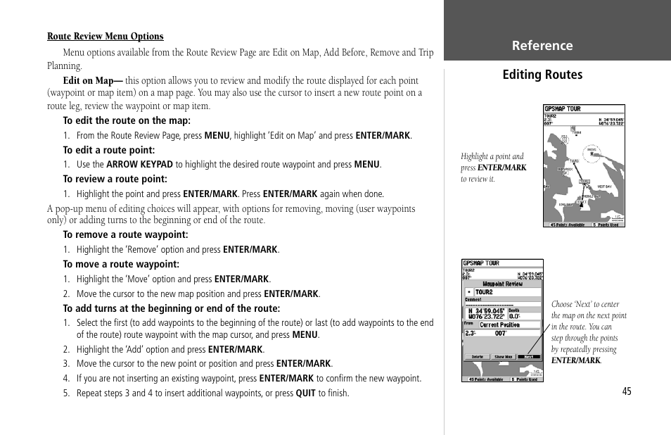 Reference editing routes | Garmin GPSMAP 232 User Manual | Page 55 / 104