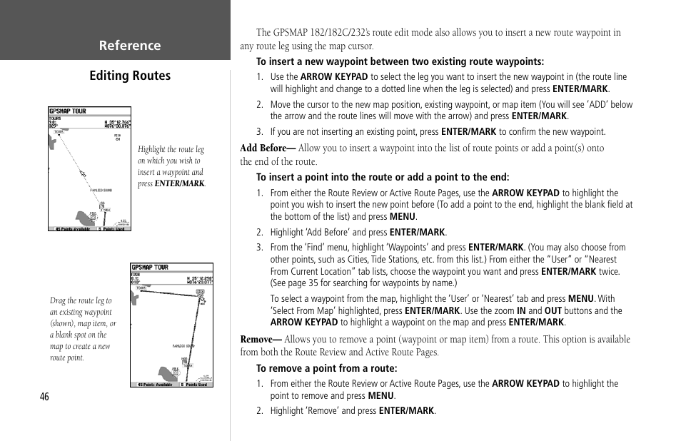 Reference editing routes | Garmin GPSMAP 232 User Manual | Page 56 / 104