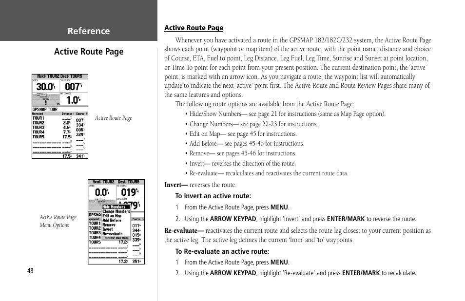 Reference active route page | Garmin GPSMAP 232 User Manual | Page 58 / 104