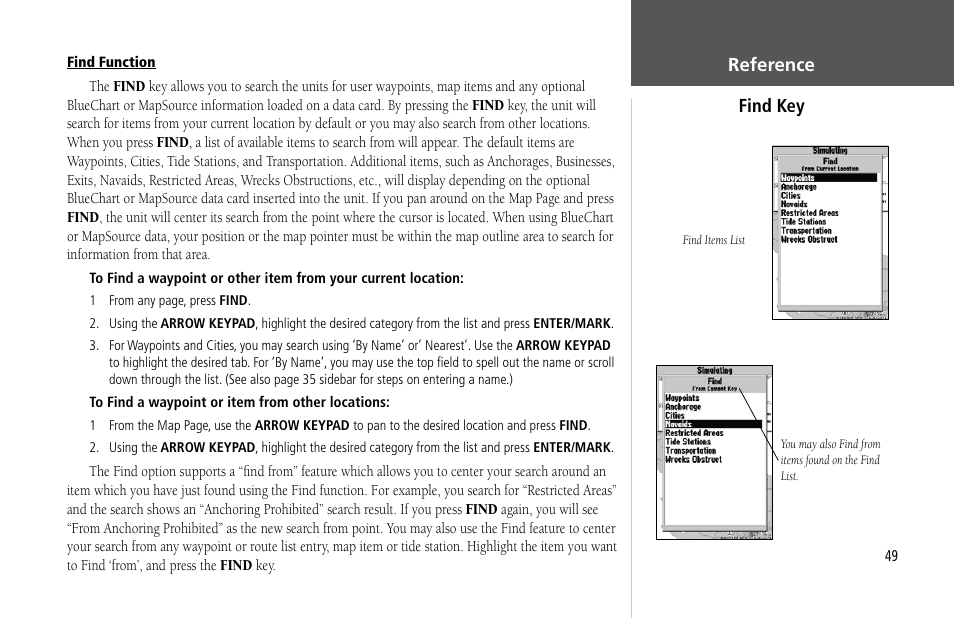 Reference find key | Garmin GPSMAP 232 User Manual | Page 59 / 104