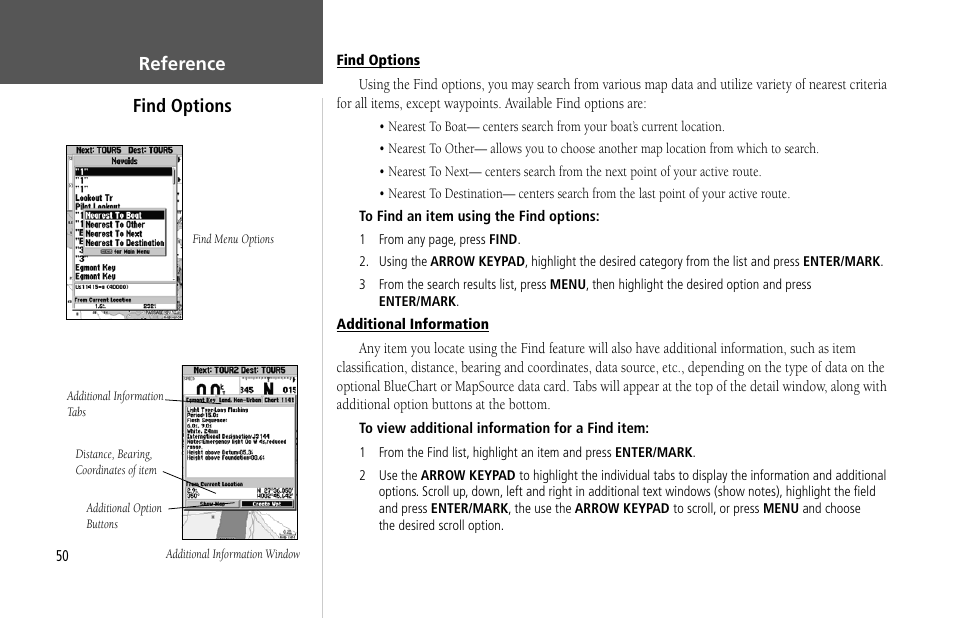 Reference find options | Garmin GPSMAP 232 User Manual | Page 60 / 104