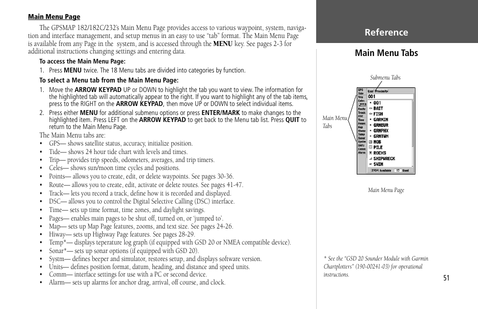 Reference main menu tabs | Garmin GPSMAP 232 User Manual | Page 61 / 104