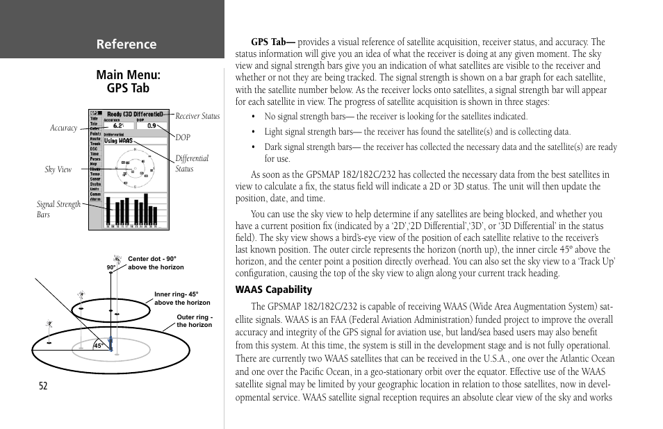 Reference main menu: gps tab | Garmin GPSMAP 232 User Manual | Page 62 / 104