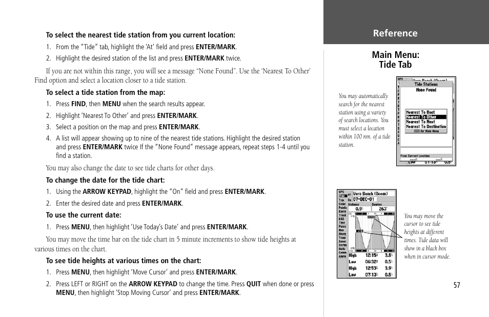 Reference main menu: tide tab | Garmin GPSMAP 232 User Manual | Page 67 / 104