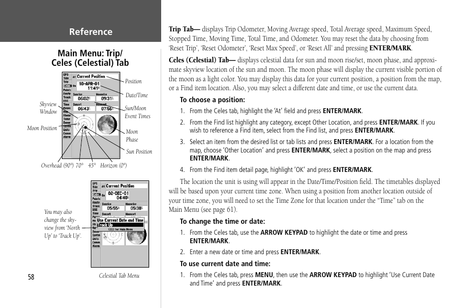 Reference, Main menu: trip/ celes (celestial) tab | Garmin GPSMAP 232 User Manual | Page 68 / 104