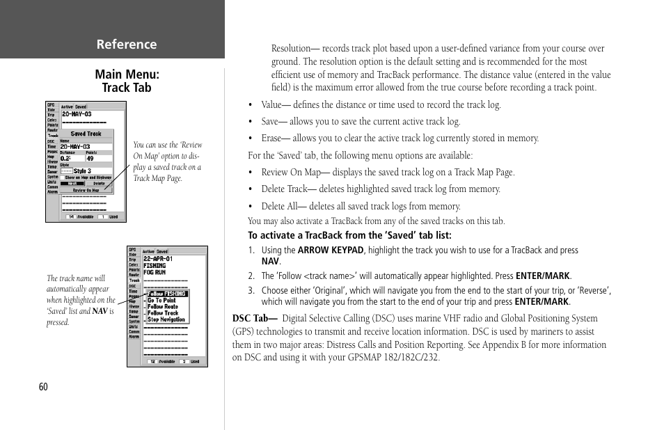 Reference main menu: track tab | Garmin GPSMAP 232 User Manual | Page 70 / 104