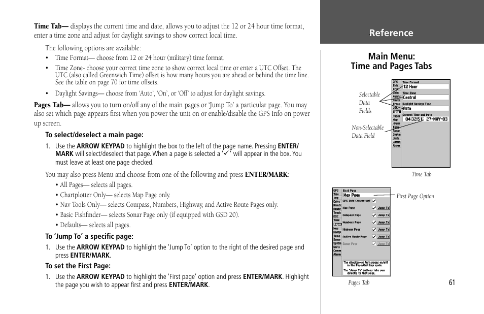 Reference, Main menu: time and pages tabs | Garmin GPSMAP 232 User Manual | Page 71 / 104