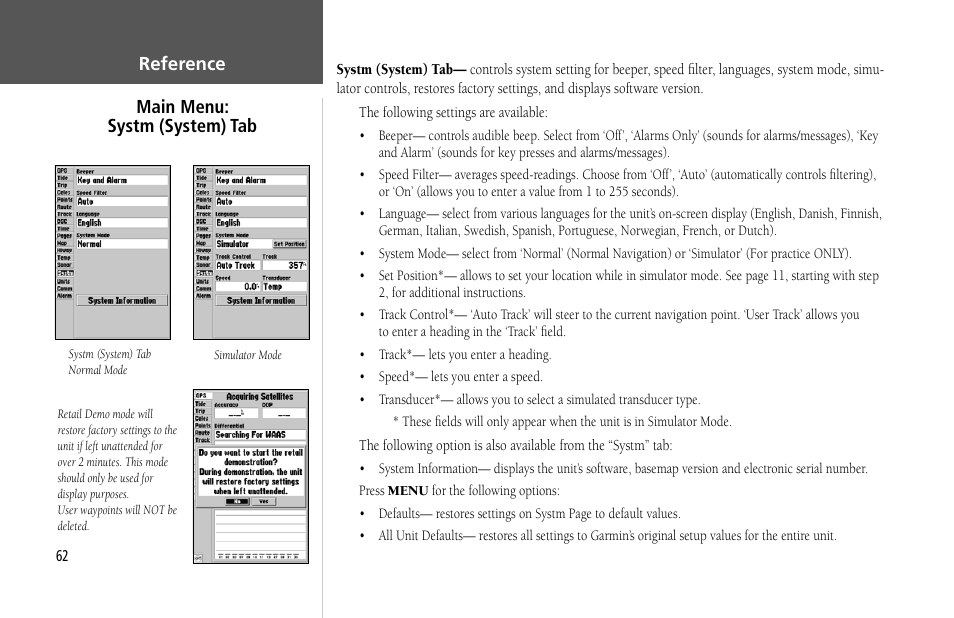 Reference main menu: systm (system) tab | Garmin GPSMAP 232 User Manual | Page 72 / 104