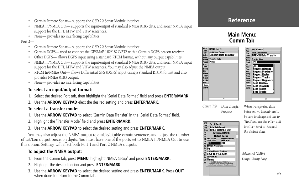 Reference main menu: comm tab | Garmin GPSMAP 232 User Manual | Page 75 / 104